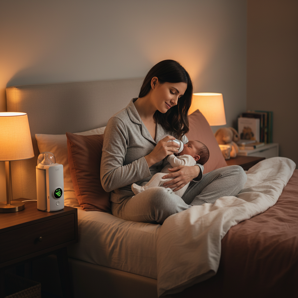 Mamá alimentando a su bebé de madrugada con calentador de biberones